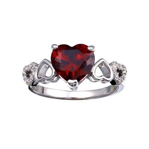 Sterling Silver 925 Rhodium Plated Heart Red and Clear CZ W- Heart Shank Ring
